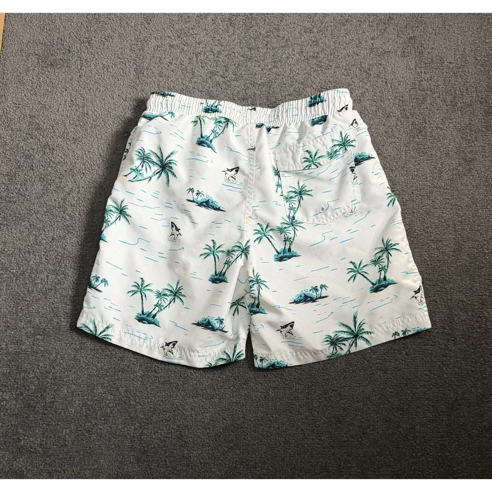 Club Room Mens Small White Tropical Shark Palm Tree Swim Trunks Mesh Lined 6in